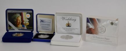 Four Royal Mint silver coins to include Millennium silver £5, Royal Wedding 2011 silver £5, Golden