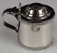 Georgian hallmarked silver mustard pot with blue glass liner, Sheffield 1824, maker's mark