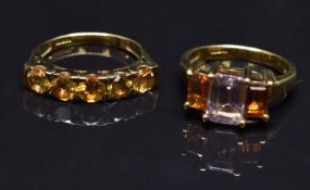 Two 9ct gold rings set with quartz, size N, 7.4g