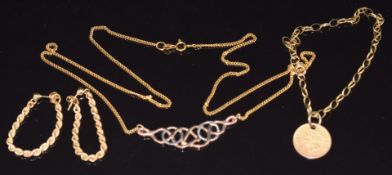 A 9ct gold necklace with a bi-coloured pendant, 9ct gold rope twist earrings, 9ct gold bracelet