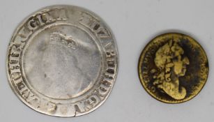 Elizabeth I shilling, about F, together with a William III one guinea weight