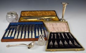 Hallmarked silver trumpet vase, height 15.5cm, hallmarked silver lidded cut glass pot, various