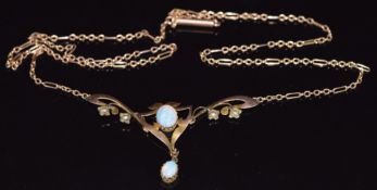 Art Nouveau 9ct gold necklace set with two oval opal cabochons and seed pearls, 4.1g