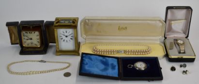 A collection of jewellery including silver fob watch, faux pearls, clocks etc