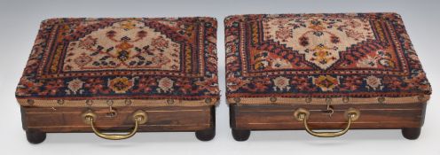 Pair of Victorian upholstered inlaid rosewood coaching footwarmers with brass handles, W29 x D26 x