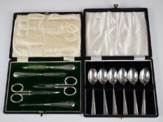 Art Deco cased set of hallmarked silver teaspoons, Sheffield 1938, maker Cooper Brothers & Sons Ltd,