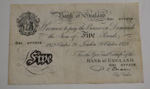 Beale 29th October 1949 white £5 note