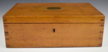 Brass inlaid oak box with campaign handles containing a thimble collection, including silver