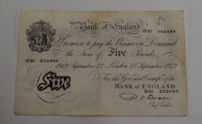 Beale 23rd September 1949 white £5 note