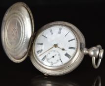 Coin silver full hunter pocket watch with subsidiary seconds dial, gold hands, black Roman numerals,