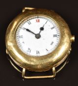 Unnamed 18ct gold wristwatch with blued hands, black Roman numerals, white enamel dial and