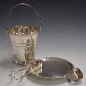 Silver plated card tray, diameter 18cm, ice pail and nips and a hallmarked silver napkin ring,
