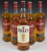 Four Grant's Triple Wood Scotch Whisky, all 1ltr, 40% vol and a bottle of Bell's, 1ltr, 40% vol