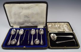 George V cased set of hallmarked silver teaspoons and tongs, Birmingham 1916, maker Cooper