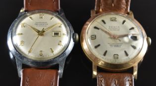 Two gentleman's mechanical wristwatches comprising Junghans Trialastic with date aperture, gold