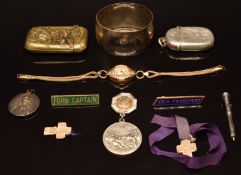 A 14k gold watch, silver vesta, Birmingham 1902, religious pendants, vesta, silver pencil, etc