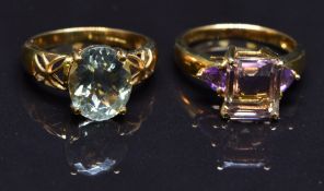 Two 9ct gold rings set with quartz, size N, 7.4g