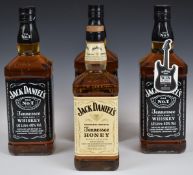 Three Jack Daniel's Old no7 Tennessee Whiskey, 1ltr, 40% vol and a Jack Daniel's Tennessee Honey