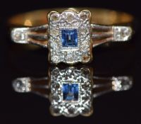 Art Deco 18ct gold ring set with a rectangular cut sapphire surrounded by diamond in a rectangular