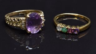 A 9ct gold ring set with a diamond, emerald, ruby and amethyst and another 9ct gold ring set with an