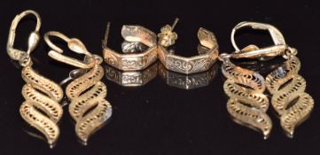 A pair of 9ct gold filigree earrings and two other pairs of 9ct gold earrings, 5g