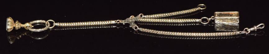 Victorian yellow metal snake fob chain with a yellow metal dice box opening to reveal three