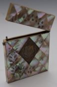 19thC mother of pearl card case with engraved silver diamond shapedpanel to front, 10 x 8cm