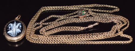 Victorian guard chain with heart slider set with emeralds and diamonds and a locket set with