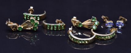 Three pairs of 9ct gold earrings set with diopside and one pair set with tanzanite, 8.6g