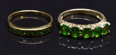 Two 9ct gold rings set with diopside, size N, 5g