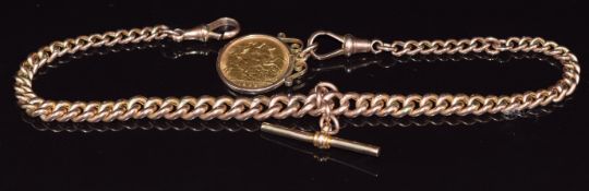 A 9ct gold graduated double Albert with 1905 gold half sovereign fob, 18.4g