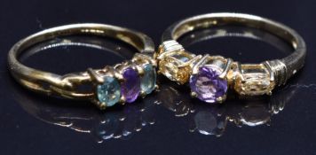 Two 9ct gold rings set with amethysts and quartz, size N, 4.2g