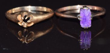 A 9ct gold ring set with an amethyst (1.3g) and a 14k gold ring (2g), size K/L