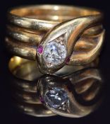 Victorian 18ct gold snake ring set with an old cut diamond and ruby eyes, London 1876, size N, 7.9g