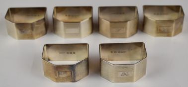 Set of six Art Deco style hallmarked silver napkin rings with engine turned decoration, Birmingham