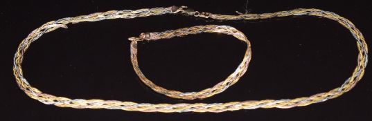 A 9ct gold tricolour plaited bracelet and necklace, 9g