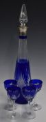 Blue overlaid cut glass liqueur set comprising decanter with silver plated mount and four small