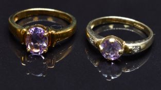 Two 9ct gold rings set with amethysts, size N, 4.5g