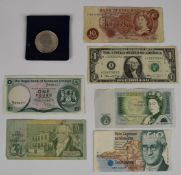 2006 silver 1oz Britannia, together with six banknotes, Scotland, UK, USA, Ireland and Guernsey