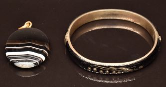 Victorian 800 grade silver bangle set with seed pearls in a floral design, and a banded agate