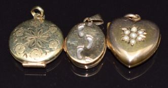 Victorian heart locket set with seed pearls and two other 9ct gold lockets, 6.8g