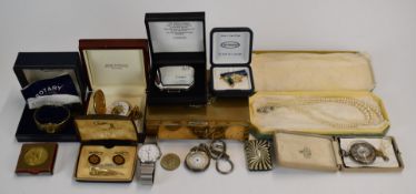 A collection of costume jewellery including two silver fob watches, faux pearls, £2 coin, watches