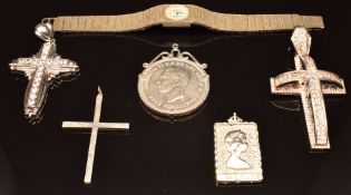 A collection of silver jewellery including two large crosses set with cubic zirconia, Silver Jubilee