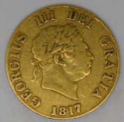 George III 1817 gold half sovereign, shield reverse, F+