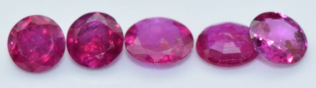 Five loose round cut natural unheated Burmese rubies, total carat weight approximately 2.56cts