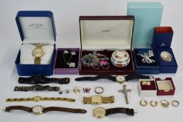 Costume jewellery and watches including Rotary watch and 9ct gold Ingersoll watch, further 9ct
