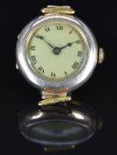 Unnamed 9ct gold wristwatch with blued hands, black Roman numerals, silver dial and unsigned