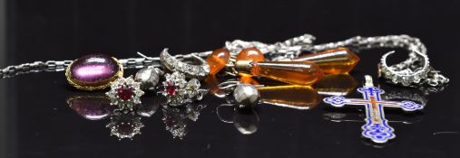 Two pairs of silver earrings, silver cross, silver crescent brooch set with paste, foiled cabochon