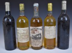 Five bottles of French wine including Chateau Le Moyne Loupiac 1986, 75cl, Chateau Mazarin Loupiac