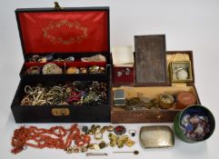 A collection of costume jewellery including coral necklace, cufflinks, reverse painted horse